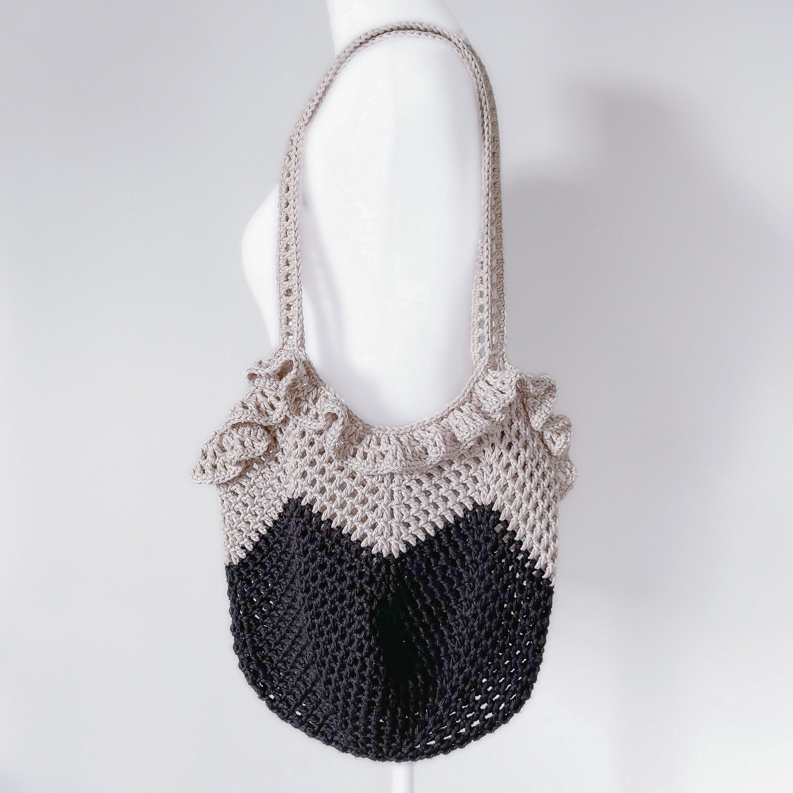 Crochet Bag - The Ruffled Mesh Market Bag (Black & Off-White)
